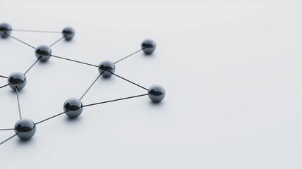 Network Connection: Abstract image of interconnected dark spheres representing a network, symbolizing connection, communication, and global networking.