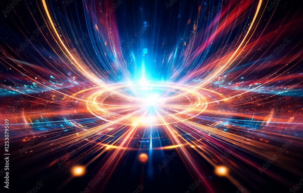 Poster a dark background with colorful, blurred lines of light converging in the center.