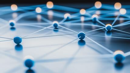 Interconnectedness: Abstract concept of connection and collaboration. Blue spheres linked together, forming a network of relationships.  