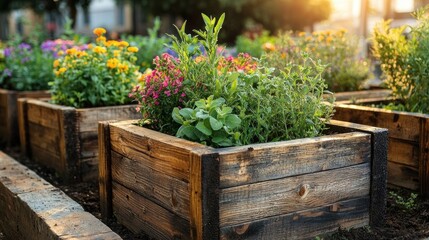 Raised garden beds with colorful flowers at sunset