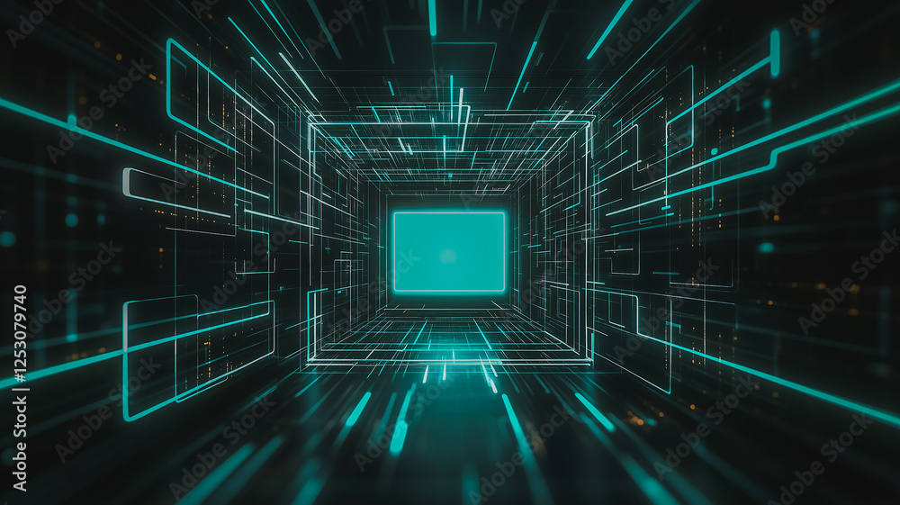 Poster digital tunnel: journey into the glowing teal digital tunnel, surrounded by intricate circuitry and 