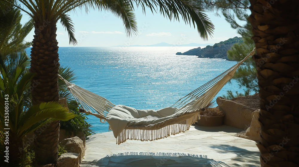 Canvas Prints A cozy hammock strung between two palm trees, overlooking the blue sea