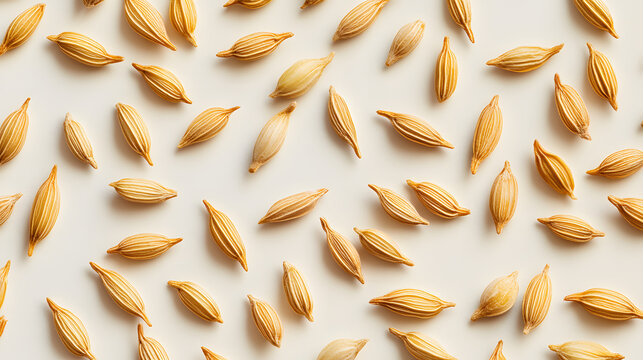 A close-up view of cumin seeds arranged in a uniform pattern on a light background, showcasing their smooth surface and natural color.