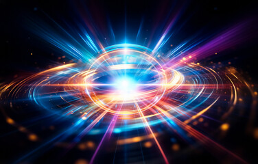 Obraz premium Abstract colorful light streaks converge in the center of a dark background.