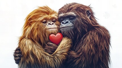 Adorable pair of Sasquatches in love, celebrating Valentine’s Day with a romantic and whimsical vibe