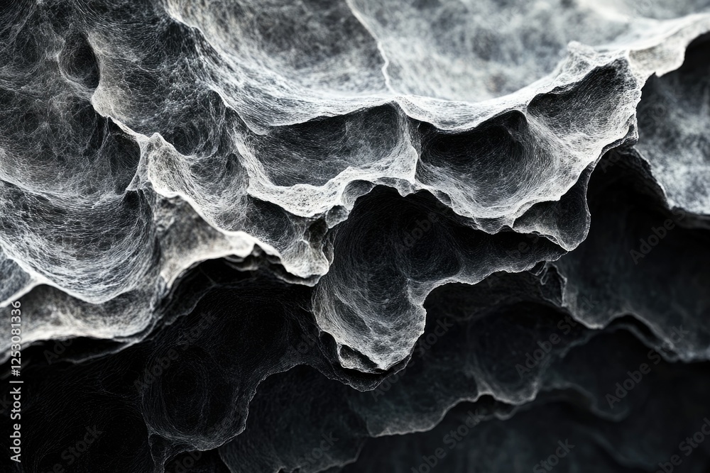 Poster Abstract grayscale image depicting intricate, layered rock formations resembling a complex web or network.