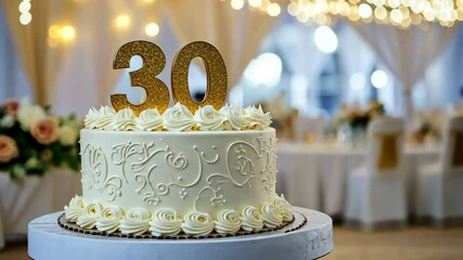 30th birthday cake adorned with gold accents. Birthday party. Blurred light festive background. Golden balloons. Thirty years or thirtieth anniversary. Celebration cake with golden candles. Numbers 30