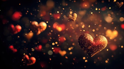 A dreamy scene of floating glittery hearts against a dark, sparkling background.