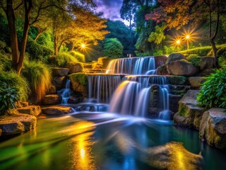 Obraz premium Capture enchanting waterfall magic: slow shutter speeds transform low-light scenes into ethereal masterpieces.