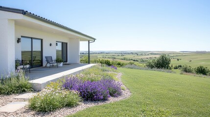 Modern house patio overlooking countryside landscape