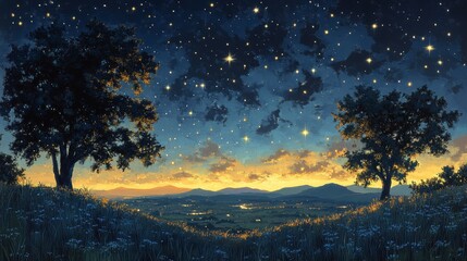 Fototapeta premium Tranquil vista, starry skies meet hillside meadow at twilight's embrace