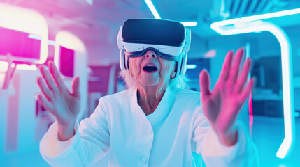 elderly woman wearing virtual reality headset, immersed in digital experience, with her hands raised in excitement. vibrant, futuristic environment enhances moment