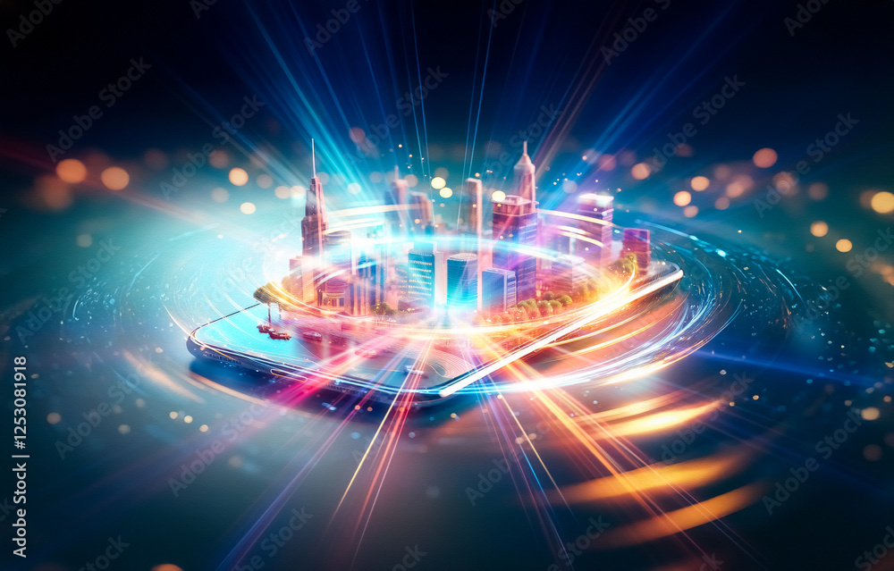 Poster abstract illustration featuring a burst of light, radiating outward from a central point in a dark b