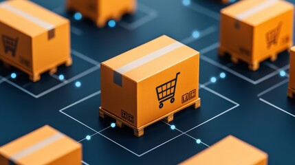 Orange Delivery Boxes with Cart Symbol on Digital Network Background