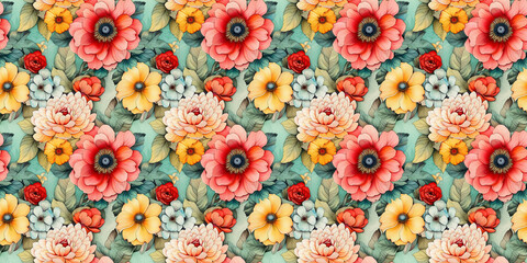 Vibrant floral pattern with red, yellow, and white flowers on turquoise background
