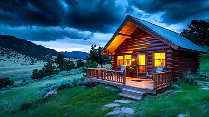 Fototapeta premium Cozy Log Cabin in Mountain Landscape at Dusk - Moody atmospheres