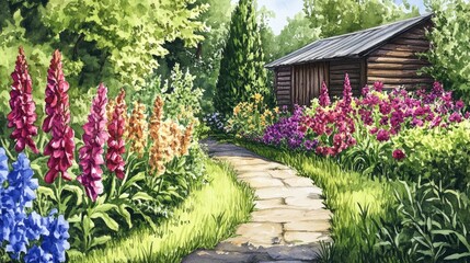 Snapdragons in full bloom lining a winding garden path leading to a rustic backyard shed, hand-drawn illustration
