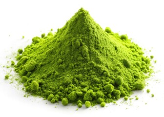 Clean white backdrop showcases scattered matcha and herbal powders, highlighting vibrant green hues in minimalist still life photography.