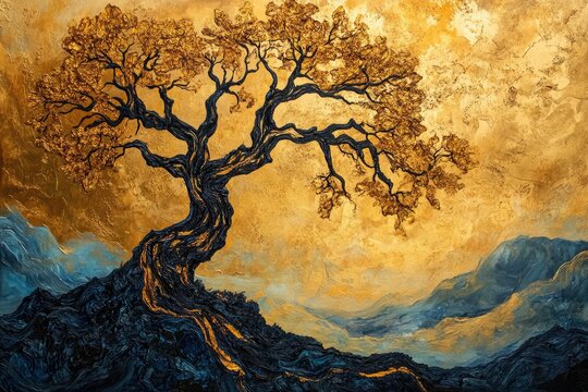 A majestic, ancient tree stands against a golden sunset, its gnarled roots clinging to a dark, rocky hill.