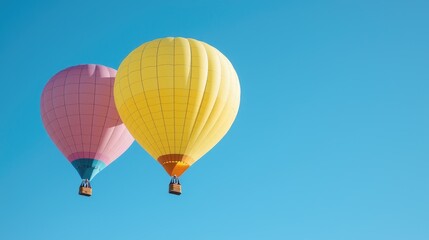 Fototapeta premium Two colorful hot air balloons against a vibrant blue sky. Possible use travel postcard, children's book illustration