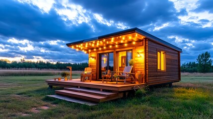 Obraz premium Cozy Tiny House, Sunset Meadow, String Lights - Tiny homes
