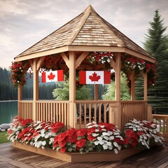 A scenic view of a wooden gazebo surrounded by flowers, with red and white decorations and a Canadian flag flying from the roof, celebrating Canada Day.