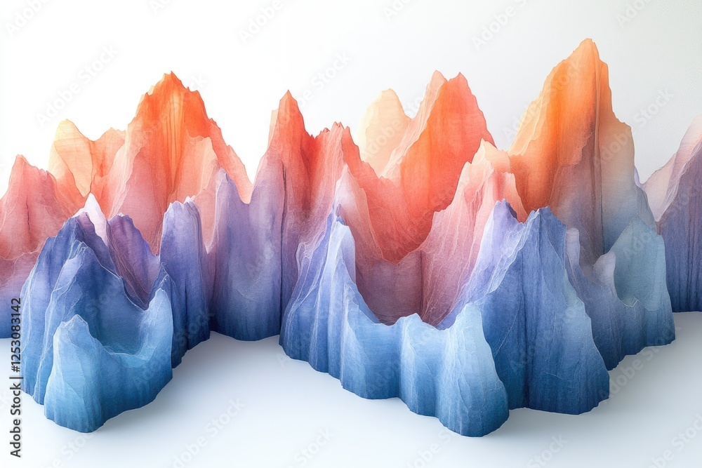 Poster abstract art depicting a range of mountains in calming blue and orange hues.