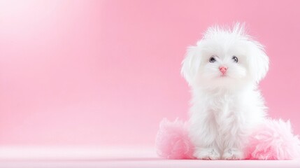 Fluffy white puppy on pink, studio shot