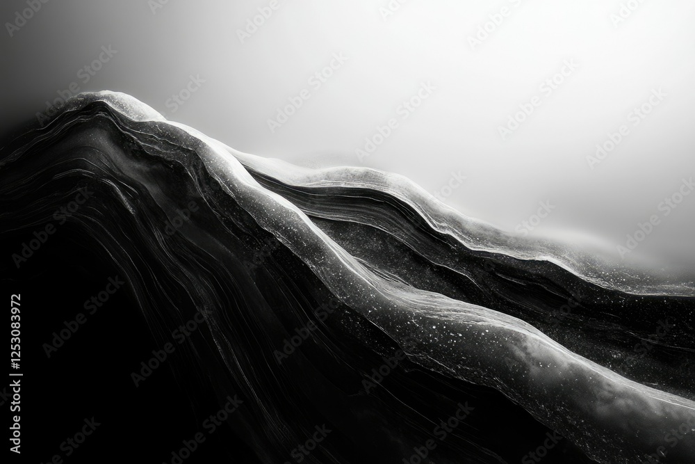 Poster Abstract grayscale image depicting undulating, layered forms resembling a mountainous landscape, evoking a sense of depth and texture.