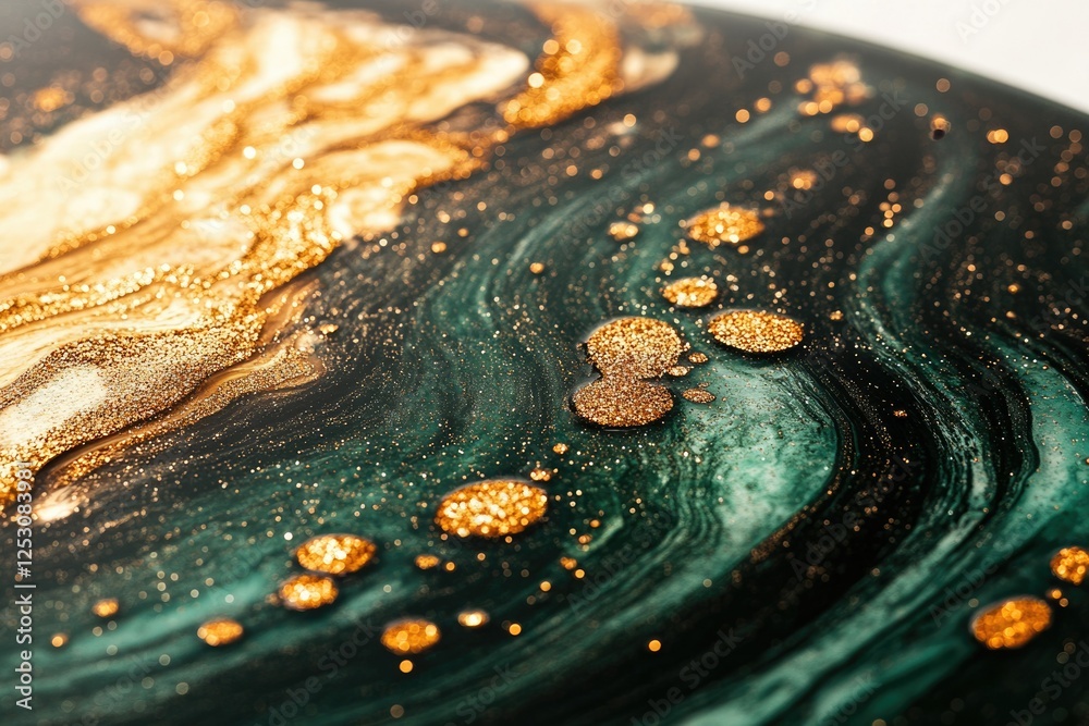 Poster abstract art featuring swirling emerald and gold glitter, creating a luxurious and mesmerizing visua