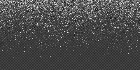 Silver glitter confetti background. Silver glittering dust on transparent background with copy space. Festive holiday shiny luxury backdrop. Abstract vector illustration.