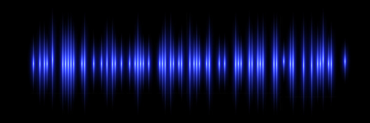 Sound wave. Music audio frequency, voice waveform, electronic radio signal, volume level, track symbol. Noise pulses curve blue line isolated on black. Abstract vector background.