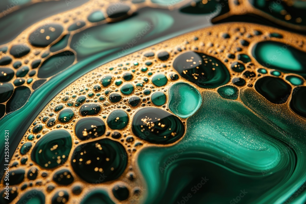 Aufkleber Abstract art featuring swirling emerald green and gold, creating a mesmerizing pattern of bubbles and textures.