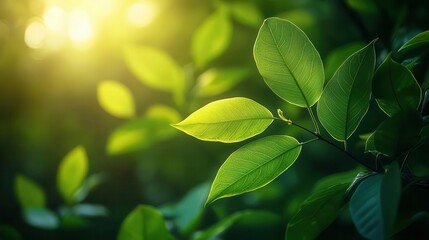 Lush green forest, close-up of vibrant green leaves and soft sunlight filtering through