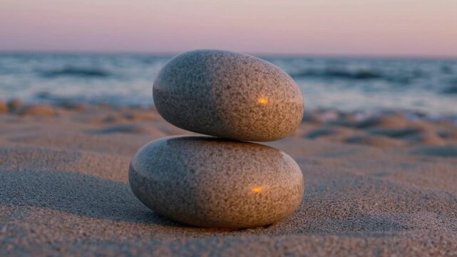 Stack of Zen Stones on a Beach | Static Shot Fixed Camera Movement | Smooth Balanced Stones in Focus | Serene and Tranquil Background | Gentle Waves and Soft Sand | Peaceful Meditative Atmosphere