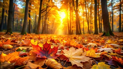 Colorful maple leaves carpeting a serene forest floor with vibrant autumn hues and golden light filtering through the trees, autumn landscape , forest foliage