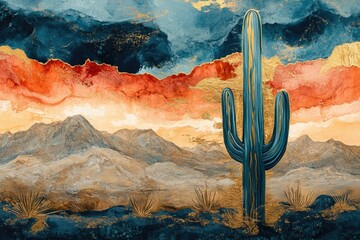 A majestic saguaro cactus stands tall against a vibrant desert sunset, showcasing the beauty of the Arizona landscape.