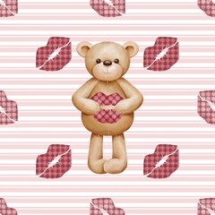 Seamless pattern on the St.Valentine’s day with watercolor Teddy Bear and checkered lips prints on a striped background. Perfect for textile, fabric, wrapping, design paper, backdrop, wallpaper