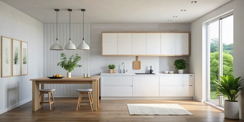 Minimalist White Kitchen Mockup: Empty Canvas Frame on Clean Wall