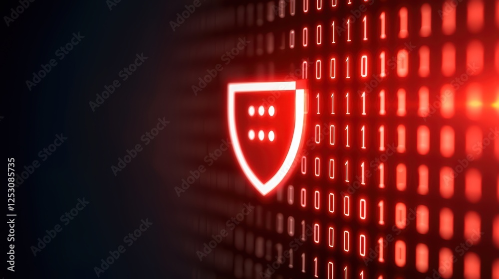Poster digital security concept with shield icon and binary code background