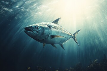 Fototapeta premium Underwater Shot Of A Majestic Fish Swimming Beneath Sunlit Waters, Showcasing The Beauty Of Marine Life In Its Natural Habitat.