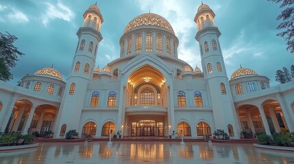 Majestic architectural view of a grand palace with golden domes under a dramatic sky
