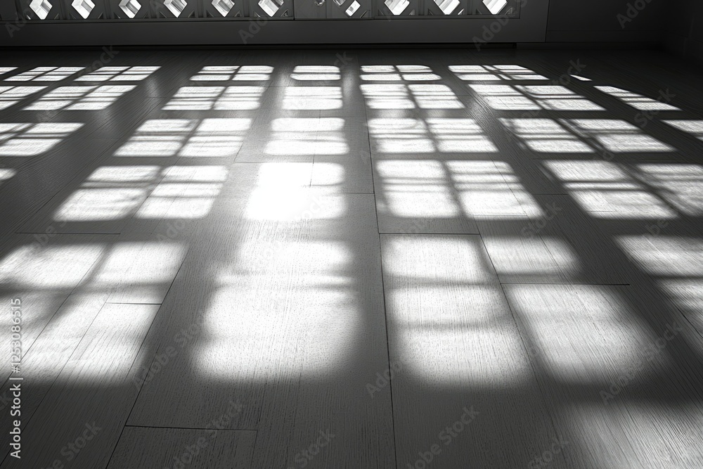 Aufkleber Sunlight streams through a window, casting a grid of shadows on a light-colored wooden floor.