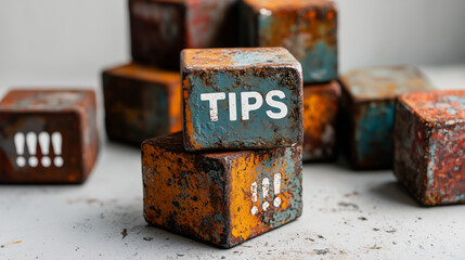Text made of wood, plastic and scrap iron cubes "TIPS"