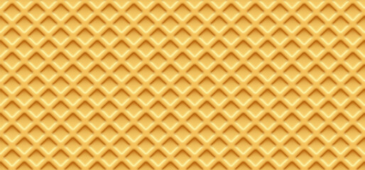 Waffle texture seamless background. Crispy square golden waffle pattern with soft shadows. Ice cream cone backdrop. Realistic vector illustration.