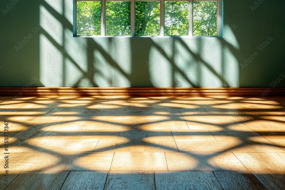 Poster Sunlight streams through a window, casting intricate shadows on a light wood floor in a room with sage green walls.