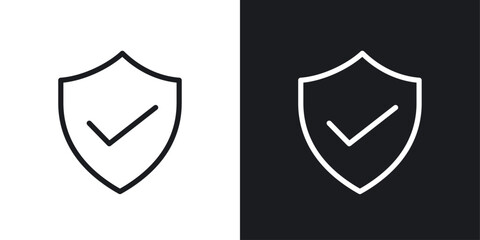 Shield check icons in black and white liner strokes for web design.