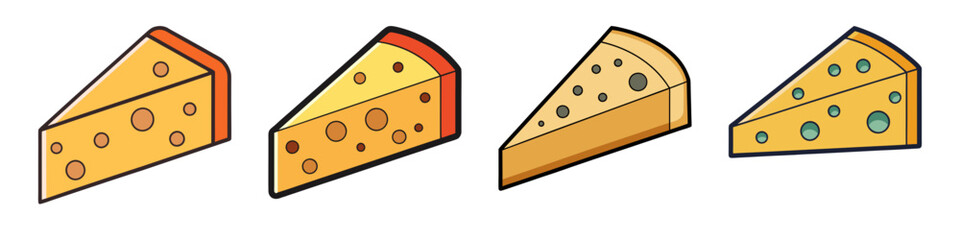 Cheese Wedge Illustrations with Different Varieties - A set of illustrations showing cheese wedges in various types, featuring textures like holes and different flavors, ideal for cheese lovers.

