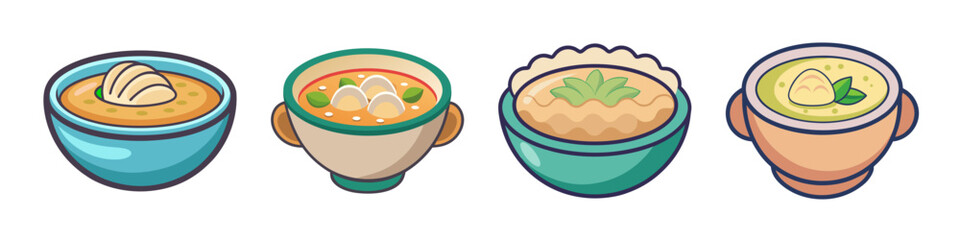 Clam Chowder and Soup Illustrations in Bowls - A set of illustrations showing different bowls of soup, including clam chowder and various Asian-style broths, perfect for comforting meals.

