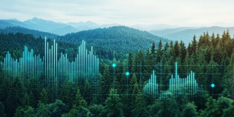 carbon footprint sustainability measurement concept. Digital sound waves overlaying a serene forest landscape.